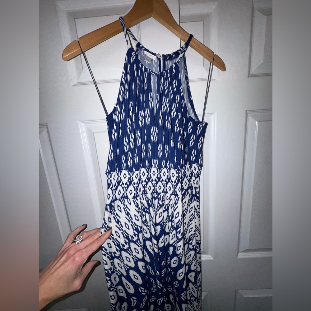 London Times Blue & White Ikat Maxi Dress | Size 6 | Halter Neck - Picture 2 of 8
